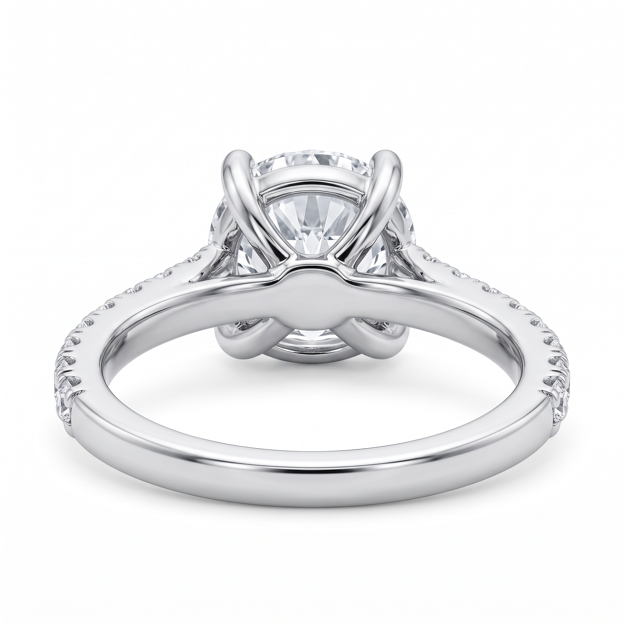 Rear view of a diamond ring with sculpted trellis basket
