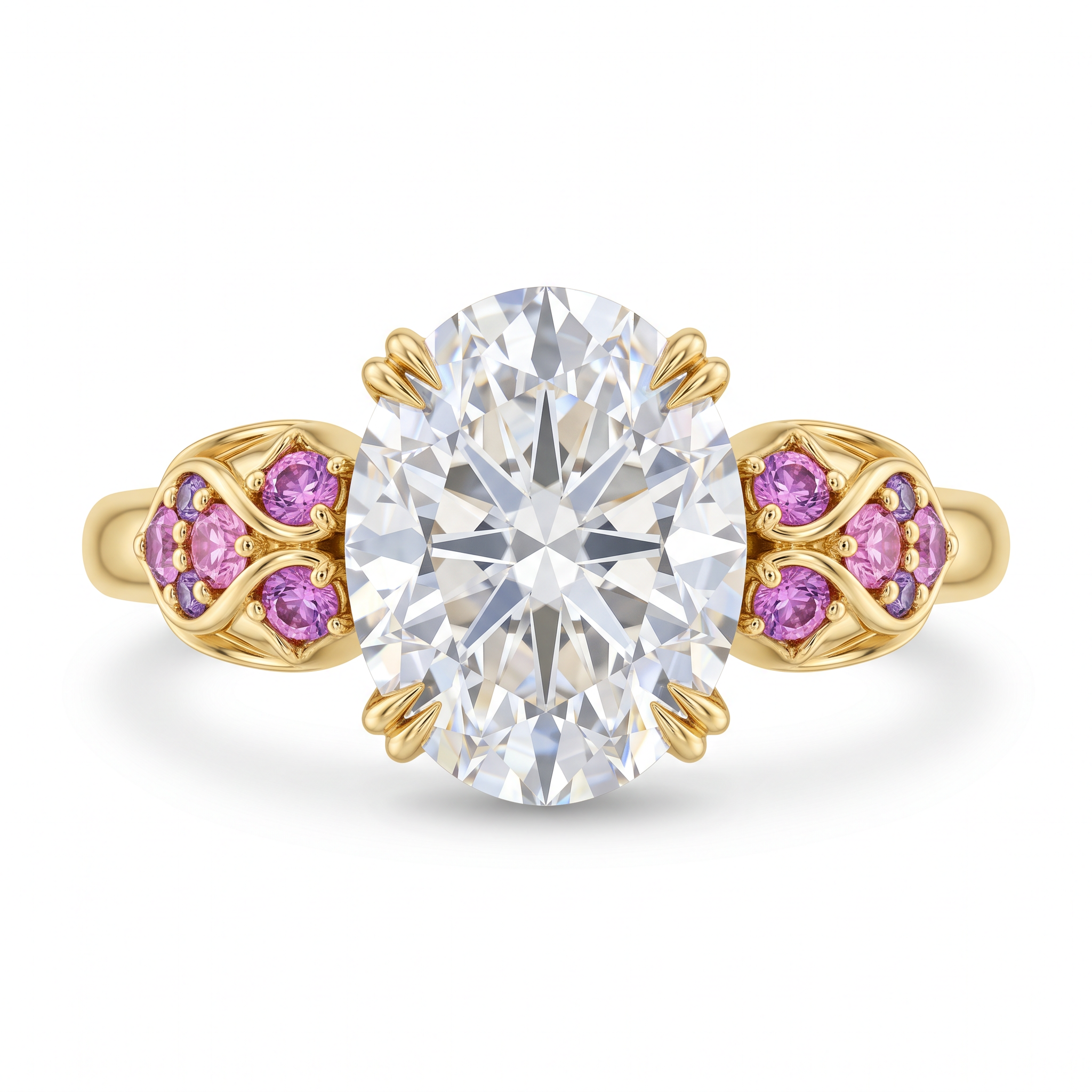 Oval diamond centre stone with pink sapphire cluster in rose gold